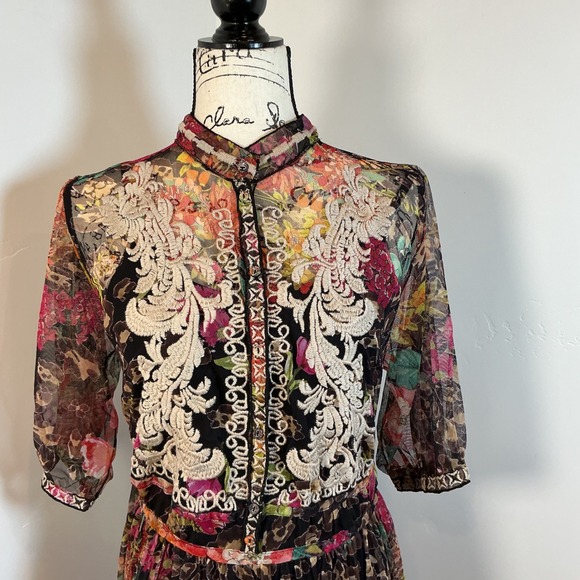 NWT Johnny Was Floral Embroidered Nylon Dress Maxi Sheer Overlay Bohemian Sz S - Picture 3 of 13